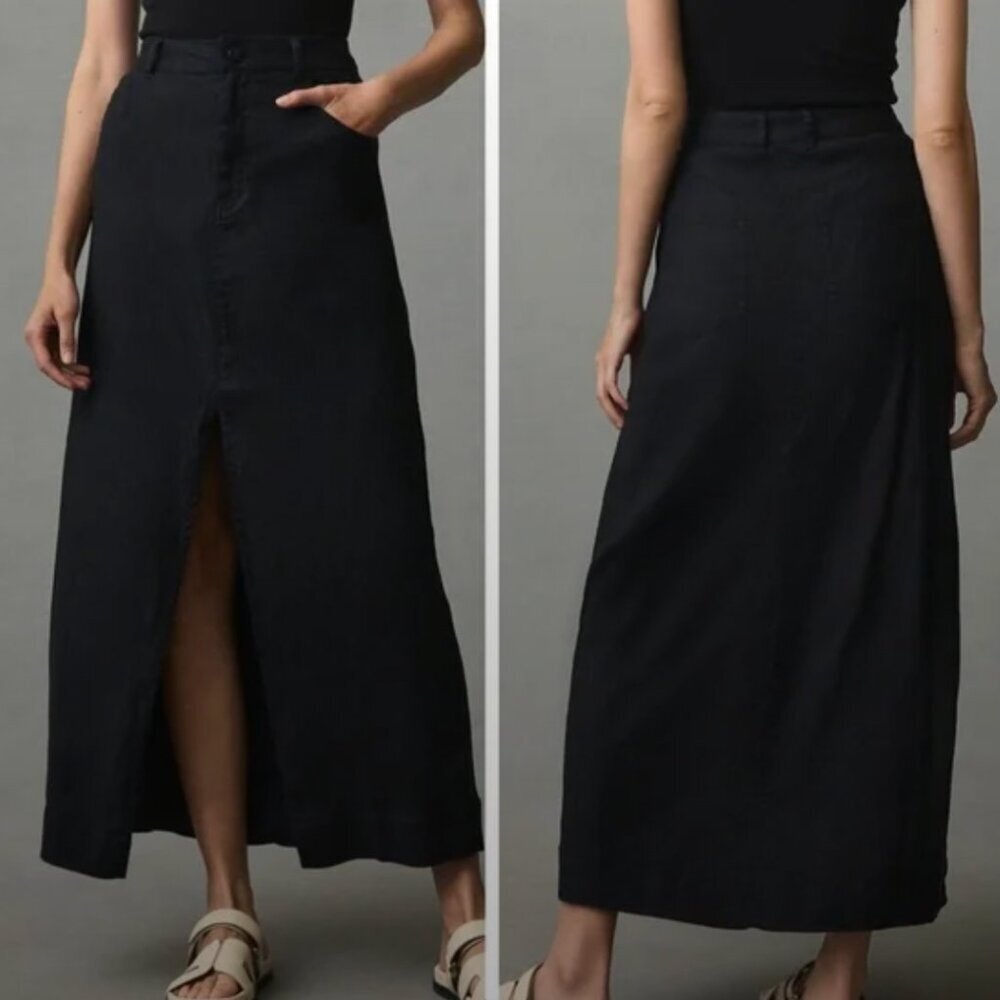 Pilcro x Anthropologie The Madi Front Slit Midi Linen Blend Skirt Black Sz 12 - Picture 2 of 7